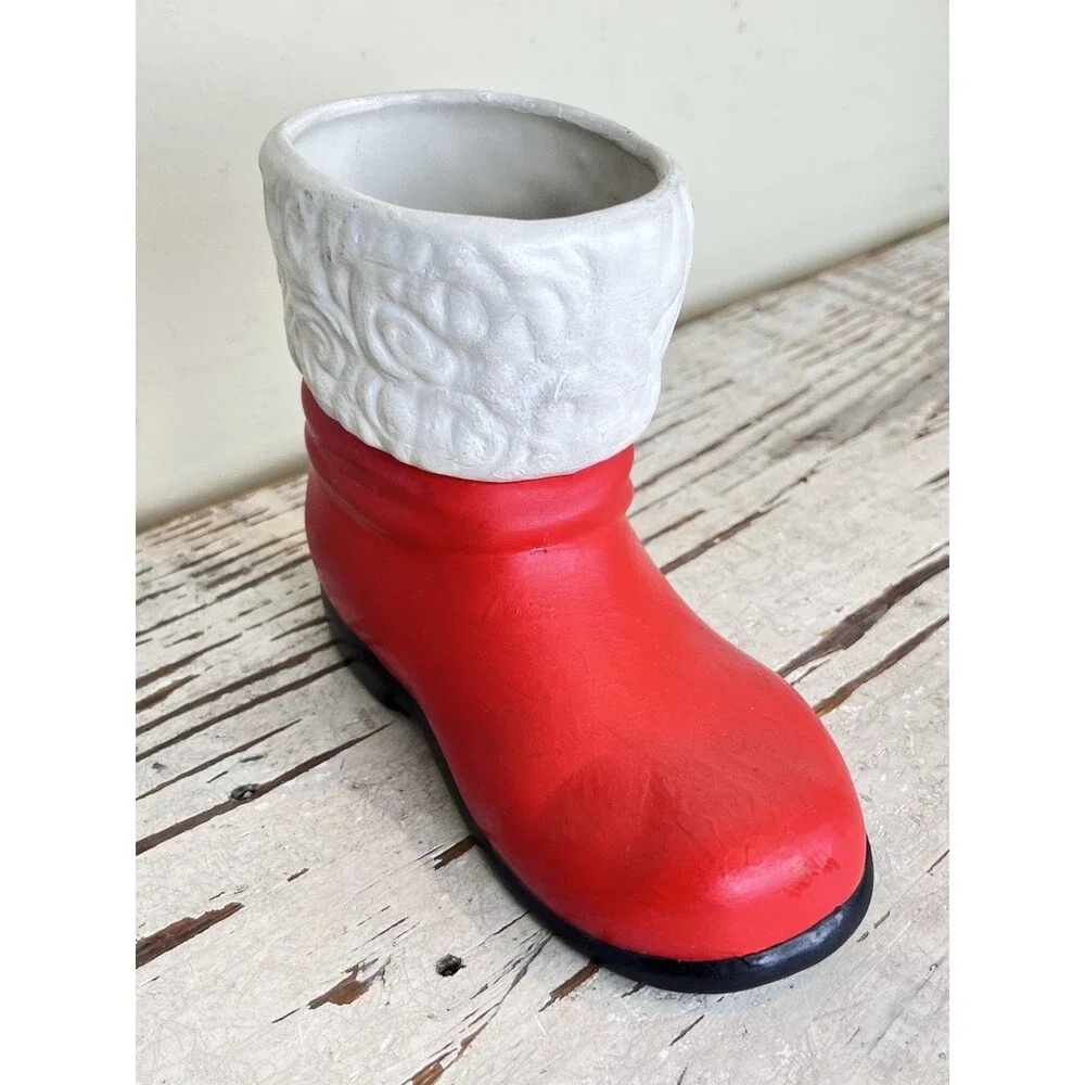 Vintage Hand Painted Ceramic Christmas Santa Boot Candy Cane Holder / Planter
